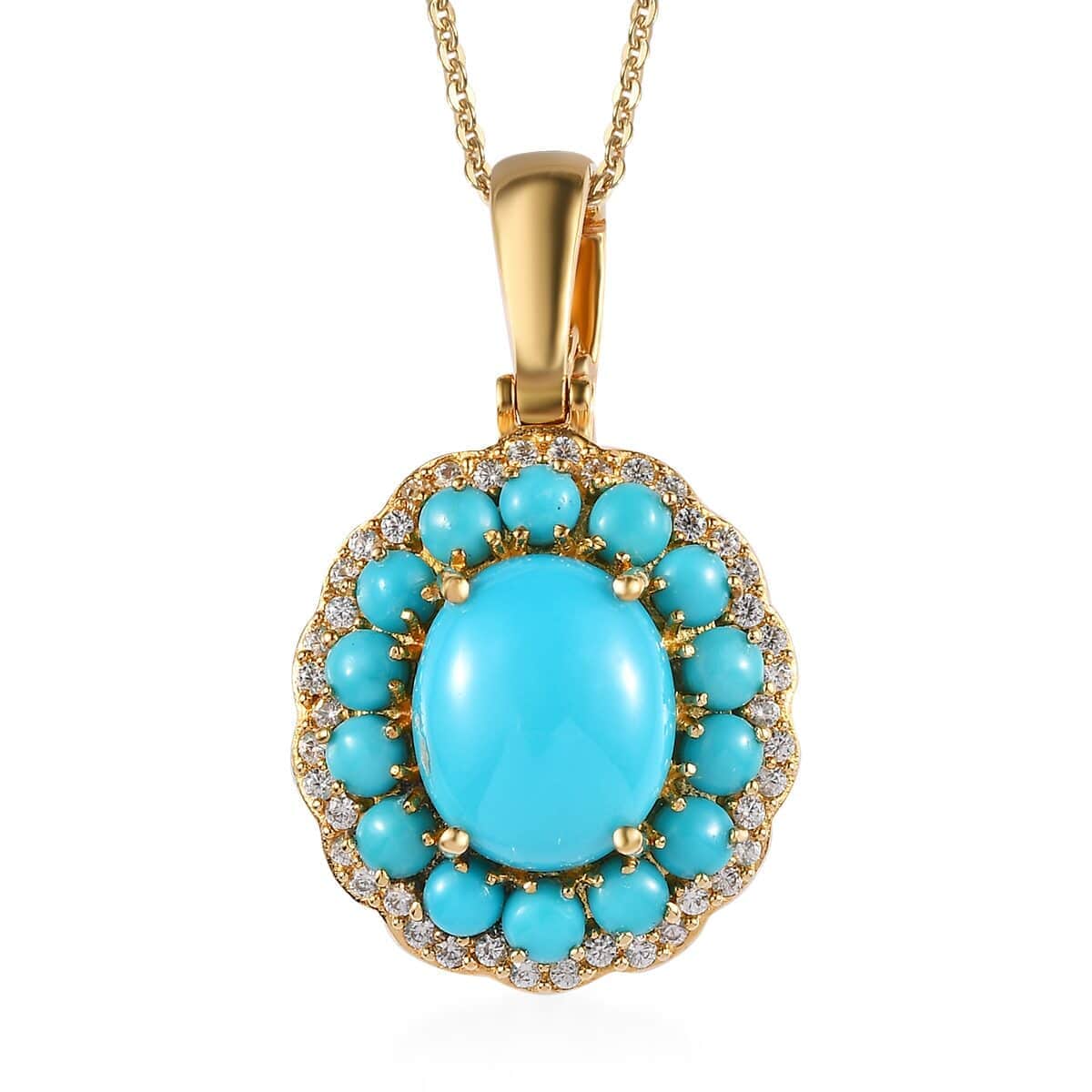 Sleeping Beauty Turquoise and White Zircon Double Halo Pendant Necklace 20 Inches in Vermeil Yellow Gold Over Sterling Silver 6.90 ctw image number 0
