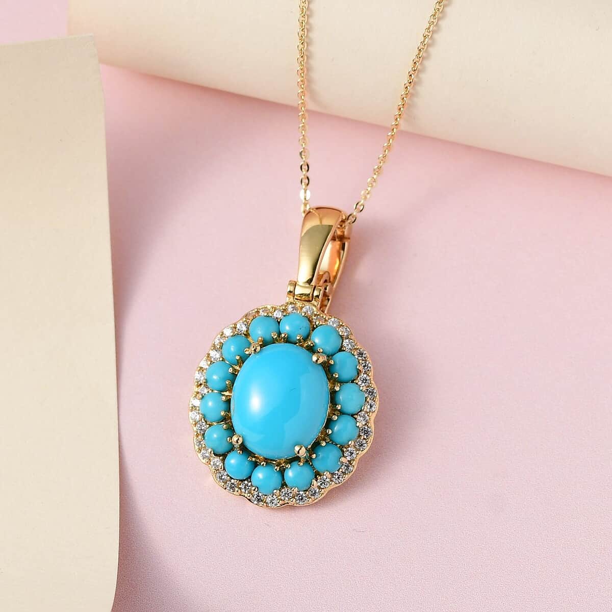 Sleeping Beauty Turquoise and White Zircon Double Halo Pendant Necklace 20 Inches in Vermeil Yellow Gold Over Sterling Silver 6.90 ctw image number 1