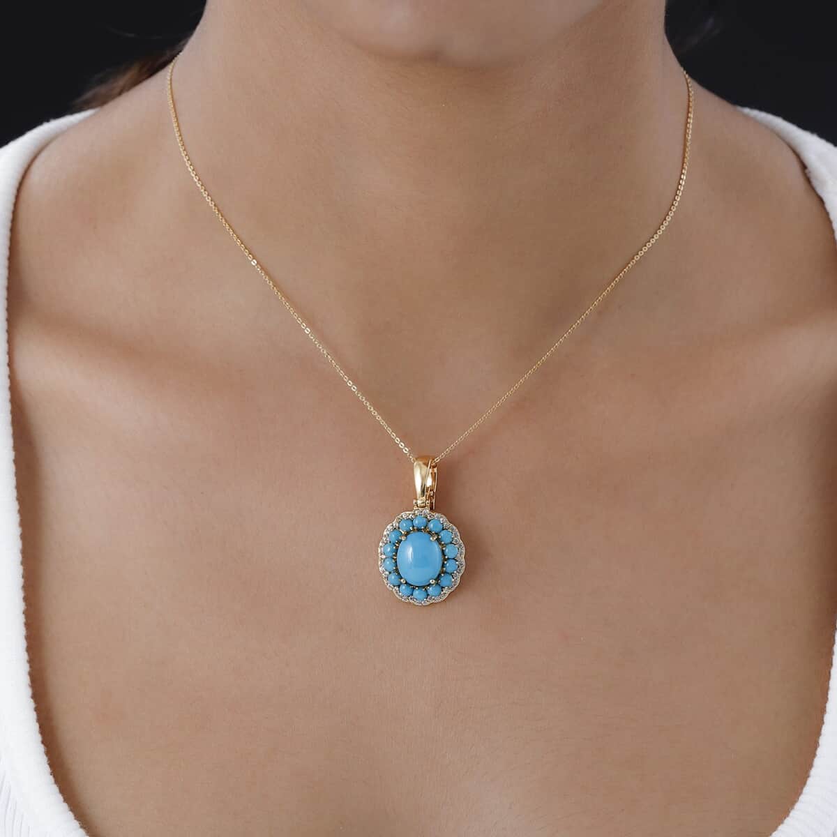 Sleeping Beauty Turquoise and White Zircon Double Halo Pendant Necklace 20 Inches in Vermeil Yellow Gold Over Sterling Silver 6.90 ctw image number 2