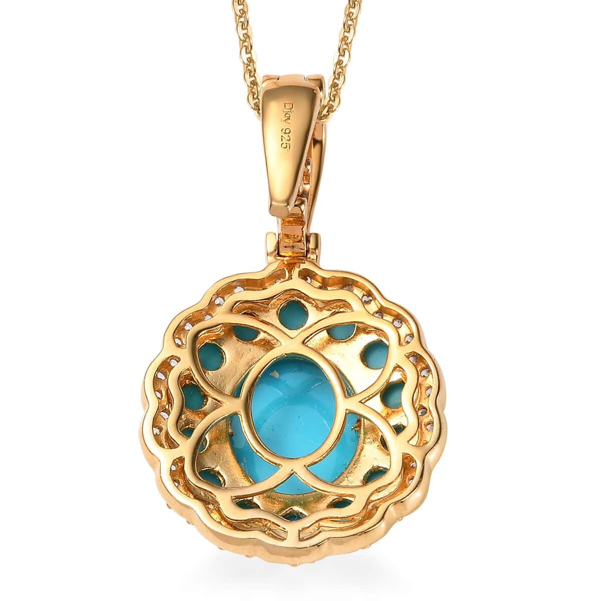 Sleeping Beauty Turquoise and White Zircon Double Halo Pendant Necklace 20 Inches in Vermeil Yellow Gold Over Sterling Silver 6.90 ctw image number 4