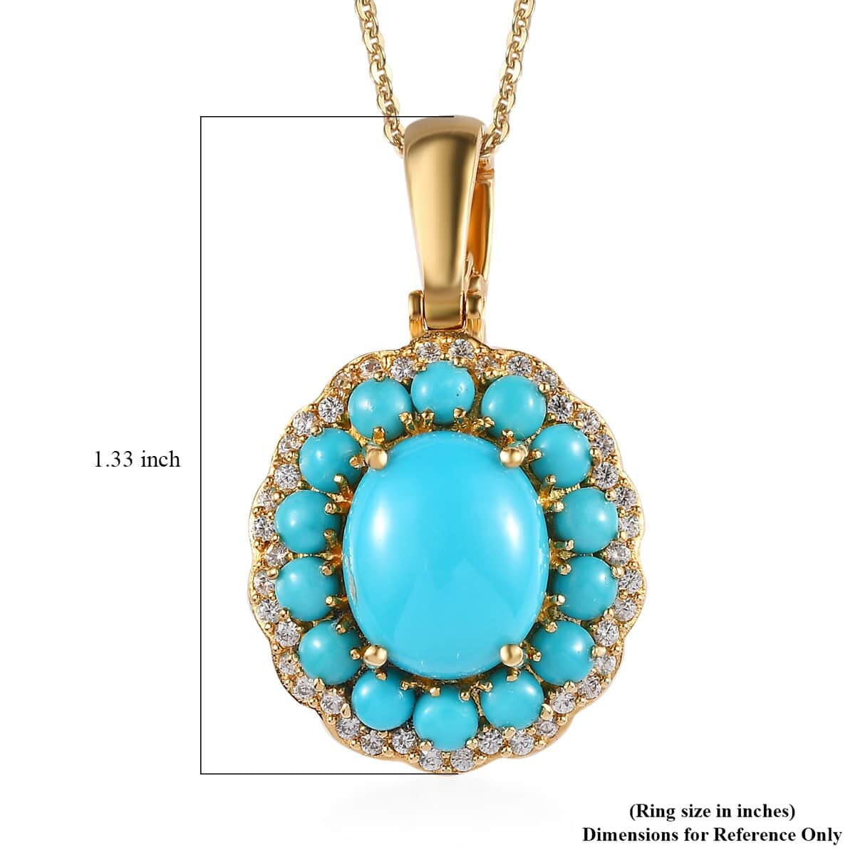 Sleeping Beauty Turquoise and White Zircon Double Halo Pendant Necklace 20 Inches in Vermeil Yellow Gold Over Sterling Silver 6.90 ctw image number 5