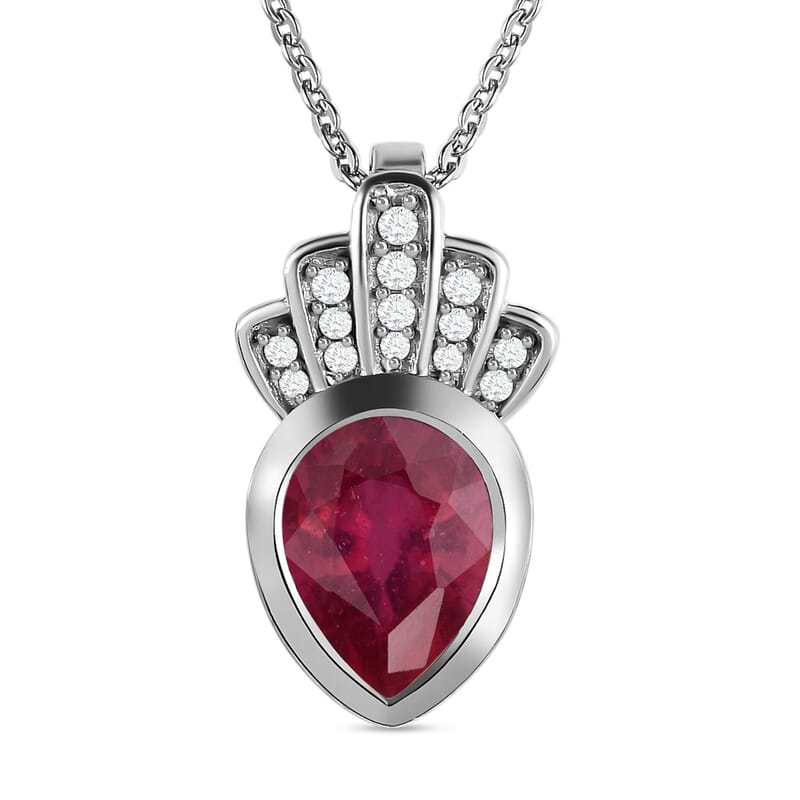 African Ruby and White Zircon 2.63 ctw Pendant Necklace (20 Inches) in Platinum Over Sterling Silver