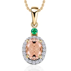 Luxoro Premium Pink Morganite, Boyaca Colombian Emerald and G-H I1 Diamond 1.65 ctw Pendant Necklace 20 Inches in 14K Yellow Gold