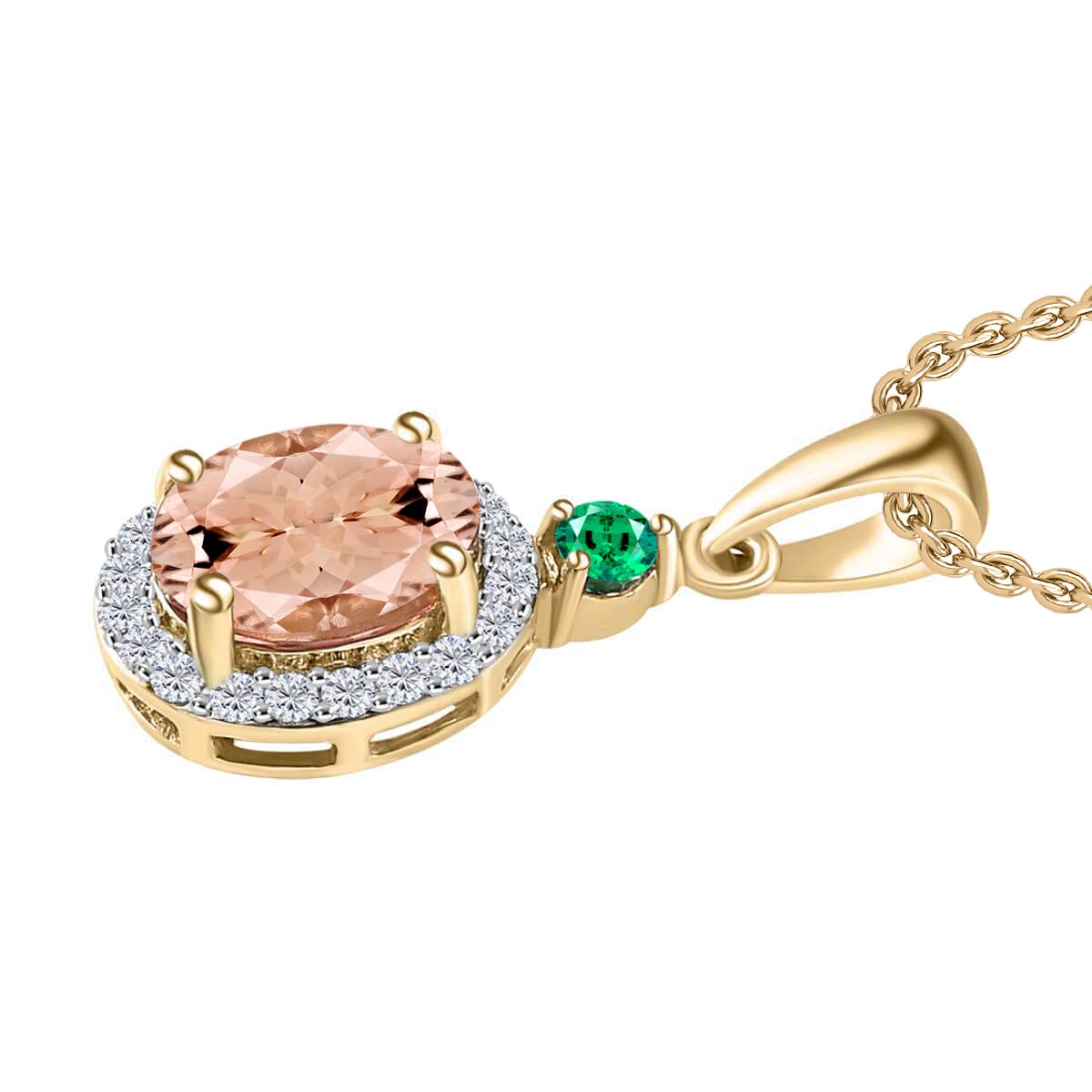 Luxoro Premium Pink Morganite, Boyaca Colombian Emerald and G-H I1 Diamond 1.65 ctw Pendant Necklace 20 Inches in 14K Yellow Gold image number 2
