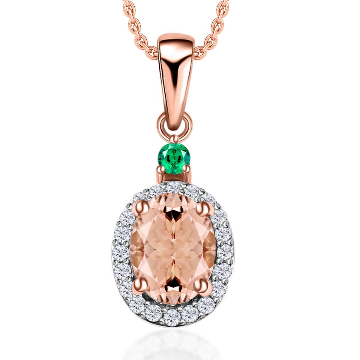 Luxoro Premium Pink Morganite, Boyaca Colombian Emerald and G-H I1 Diamond 1.65 ctw Pendant Necklace 20 Inches in 14K Rose Gold image number 0