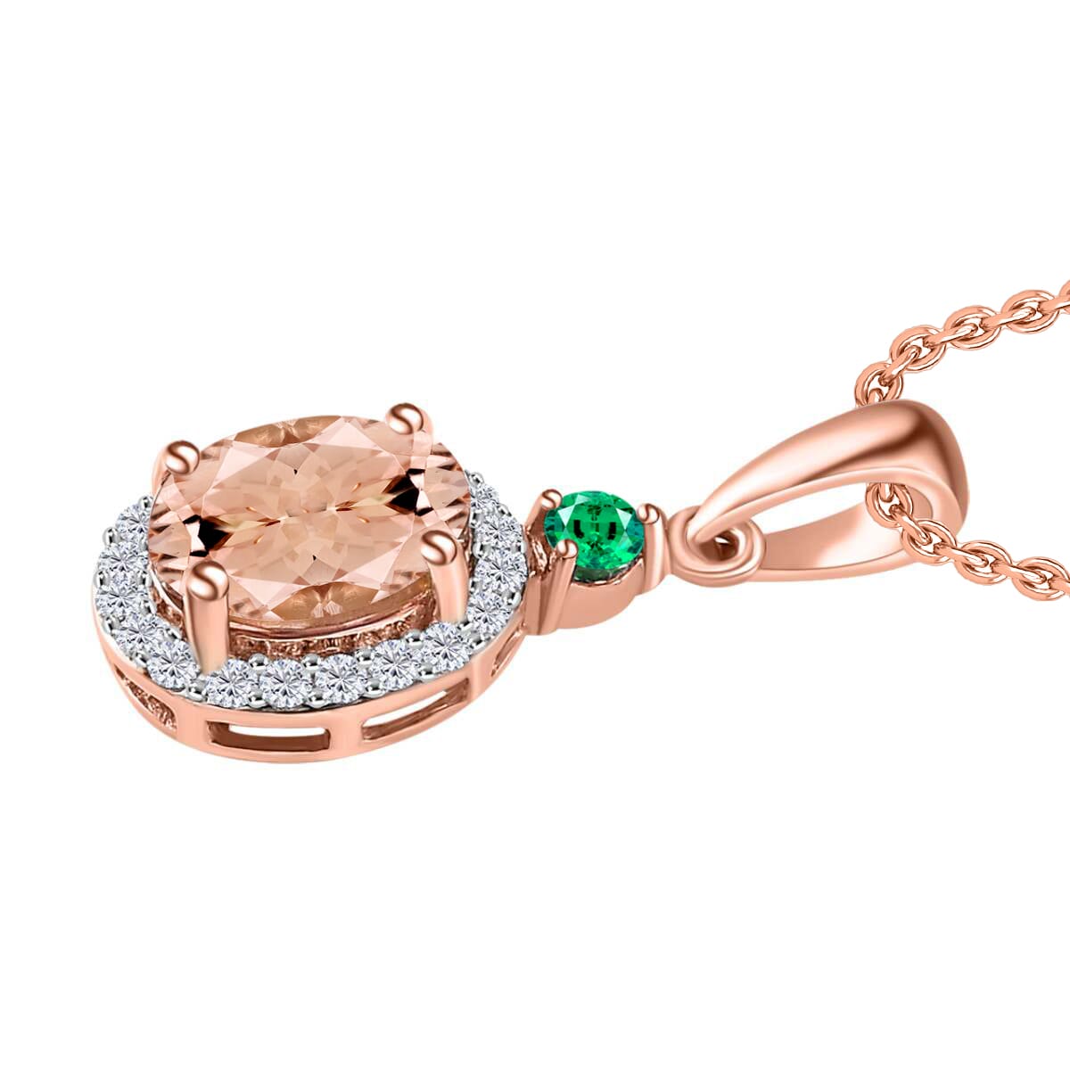 Luxoro Premium Pink Morganite, Boyaca Colombian Emerald and G-H I1 Diamond 1.65 ctw Pendant Necklace 20 Inches in 14K Rose Gold image number 2
