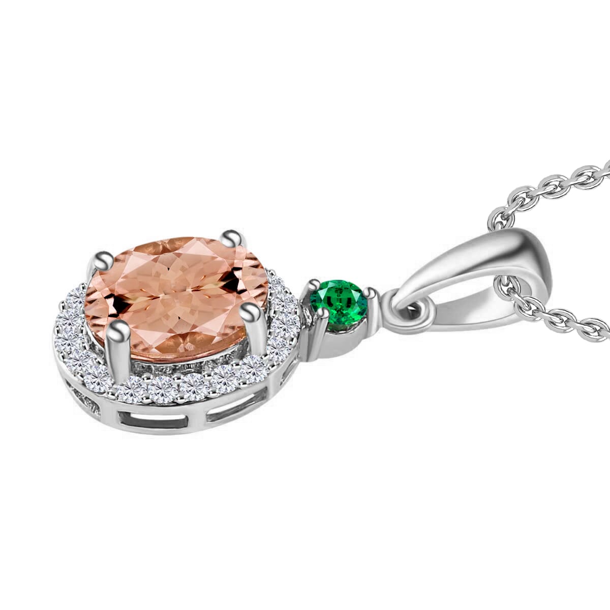 Rhapsody AAAA Pink Morganite, Boyaca Colombian Emerald, E-F VS2 Diamond 1.65 ctw Pendant Necklace 20 Inches in 18K White Gold image number 2