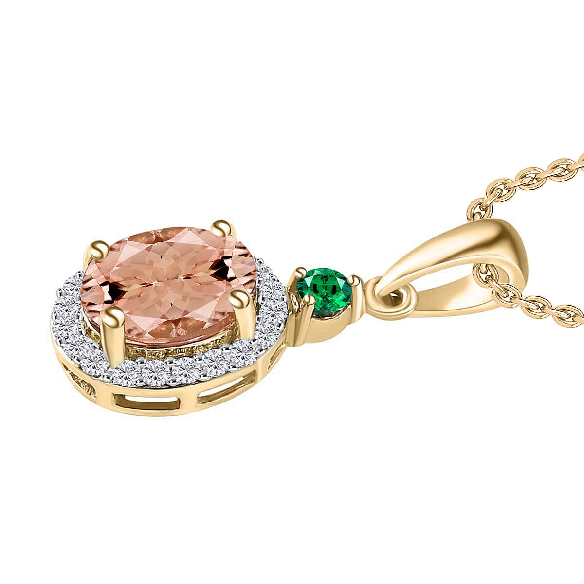 Rhapsody AAAA Pink Morganite, Boyaca Colombian Emerald, E-F VS2 Diamond 1.65 ctw Pendant Necklace 20 Inches in 18K Yellow Gold image number 2