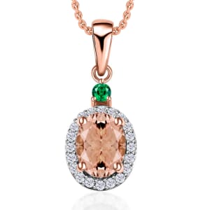 Rhapsody AAAA Pink Morganite, Boyaca Colombian Emerald, E-F VS2 Diamond 1.65 ctw Pendant Necklace 20 Inches in 18K Rose Gold