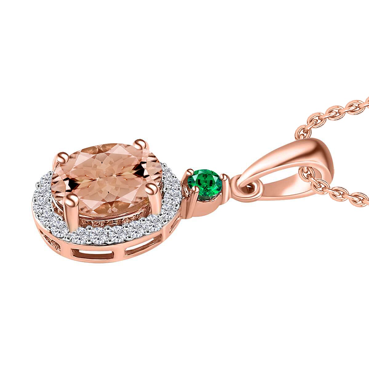 Rhapsody AAAA Pink Morganite, Boyaca Colombian Emerald, E-F VS2 Diamond 1.65 ctw Pendant Necklace 20 Inches in 18K Rose Gold
