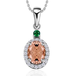Rhapsody AAAA Pink Morganite, Boyaca Colombian Emerald, E-F VS2 Diamond 1.65 ctw Pendant Necklace 20 Inches in 950 Platinum