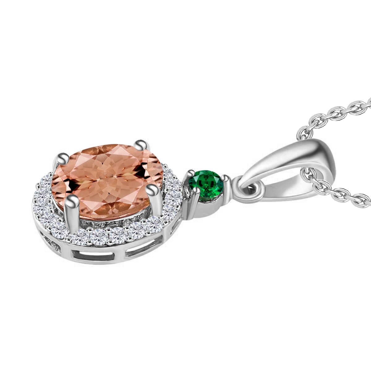 Rhapsody AAAA Pink Morganite, Boyaca Colombian Emerald, E-F VS2 Diamond 1.65 ctw Pendant Necklace 20 Inches in 950 Platinum image number 2