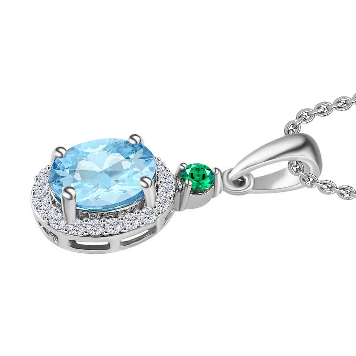 Luxoro Premium Mangoro Aquamarine, Boyaca Colombian Emerald and G-H I1 1.55 ctw Diamond Pendant Necklace 20 Inches in 14K White Gold image number 2
