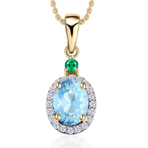 Luxoro Premium Mangoro Aquamarine, Boyaca Colombian Emerald and G-H I1 Diamond 1.55 ctw Pendant Necklace 20 Inches in 14K Yellow Gold