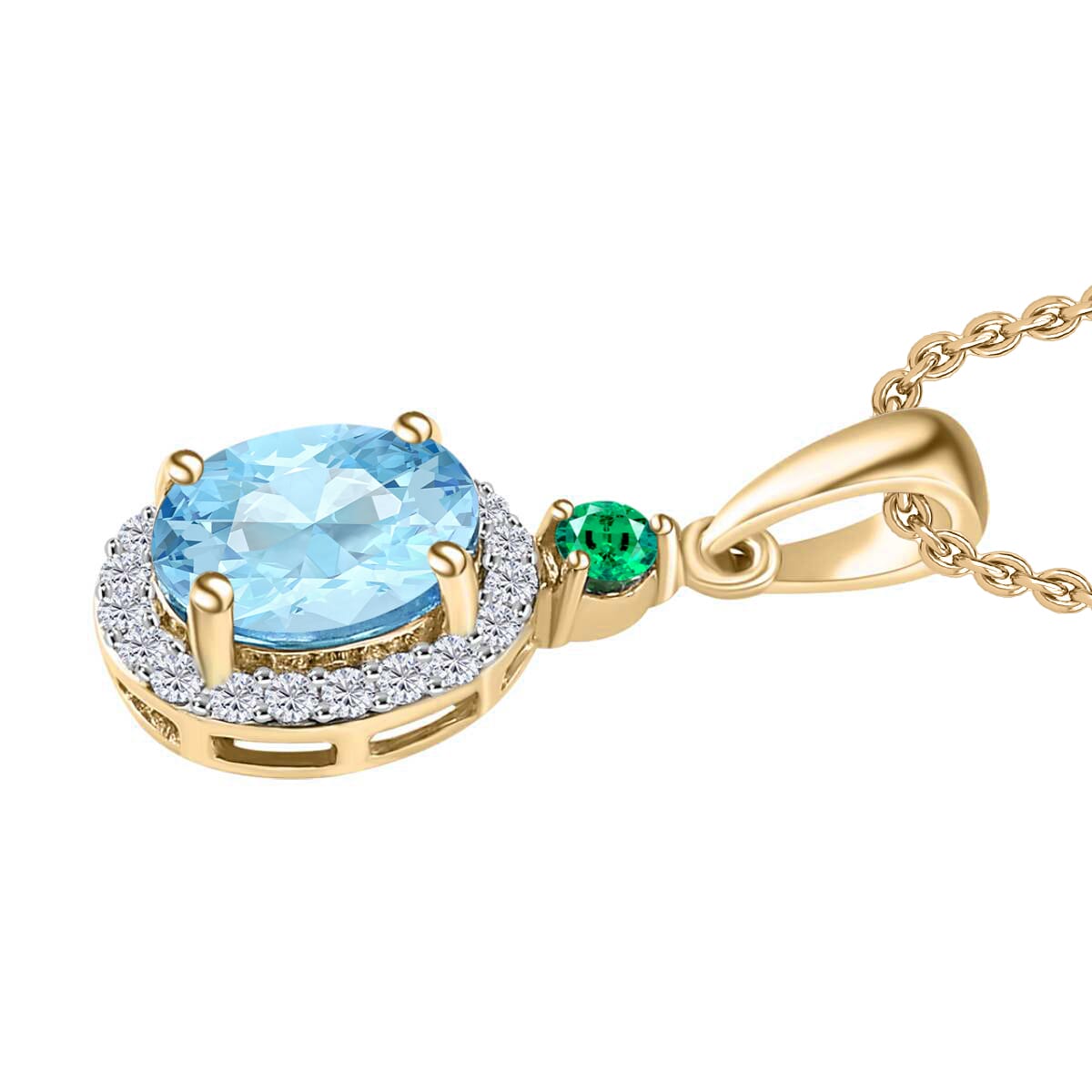 Luxoro Premium Mangoro Aquamarine, Boyaca Colombian Emerald and G-H I1 Diamond 1.55 ctw Pendant Necklace 20 Inches in 14K Yellow Gold image number 2