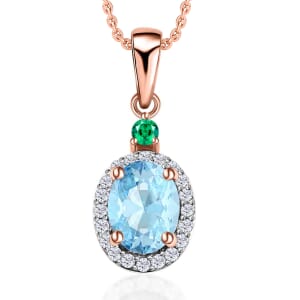 Luxoro Premium Mangoro Aquamarine, Boyaca Colombian Emerald and G-H I1 Diamond 1.55 ctw Pendant Necklace 20 Inches in 14K Rose Gold