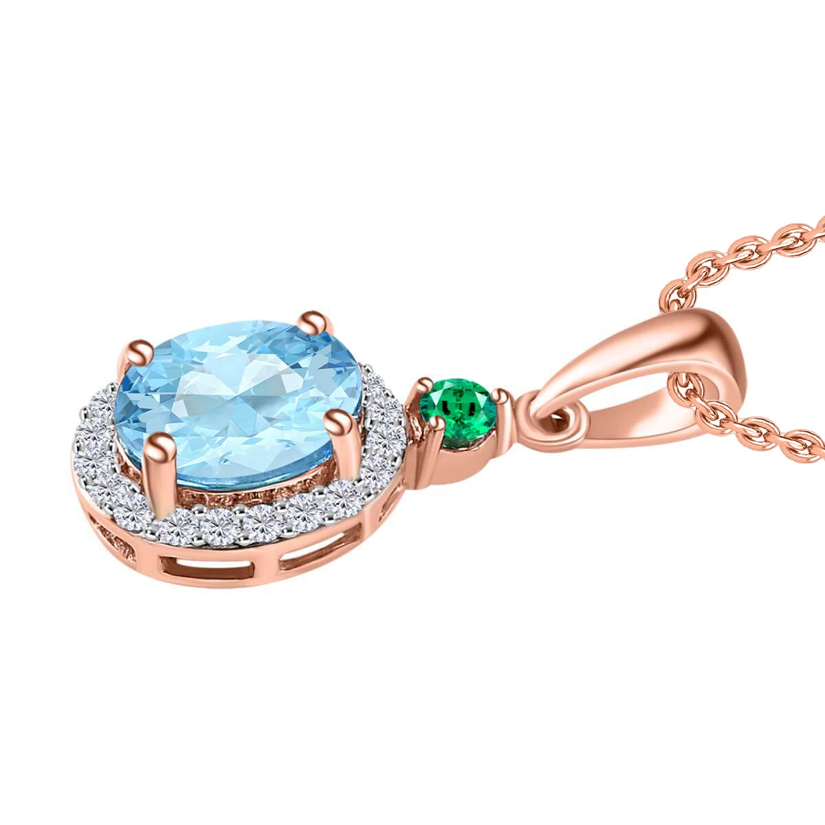 Luxoro Premium Mangoro Aquamarine, Boyaca Colombian Emerald and G-H I1 Diamond 1.55 ctw Pendant Necklace 20 Inches in 14K Rose Gold image number 2