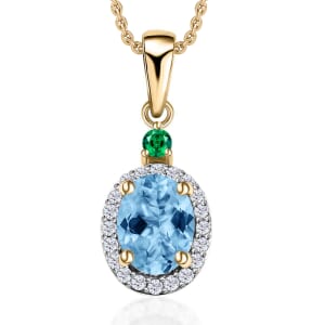 Rhapsody AAAA Santa Maria Aquamarine, Boyaca Colombian Emerald and E-F VS2 Diamond 1.55 ctw Pendant Necklace 20 Inches in 18K Yellow Gold