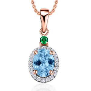Rhapsody AAAA Santa Maria Aquamarine, Boyaca Colombian Emerald and E-F VS2 Diamond 1.55 ctw Pendant Necklace 20 Inches in 18K Rose Gold