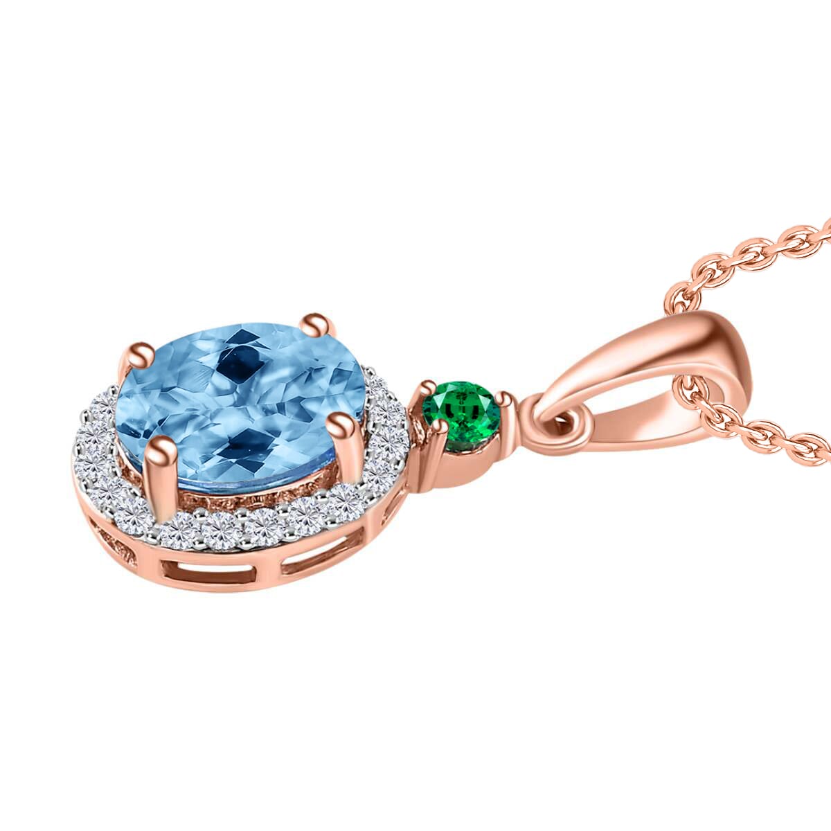Rhapsody AAAA Santa Maria Aquamarine, Boyaca Colombian Emerald and E-F VS2 Diamond 1.55 ctw Pendant Necklace 20 Inches in 18K Rose Gold image number 2