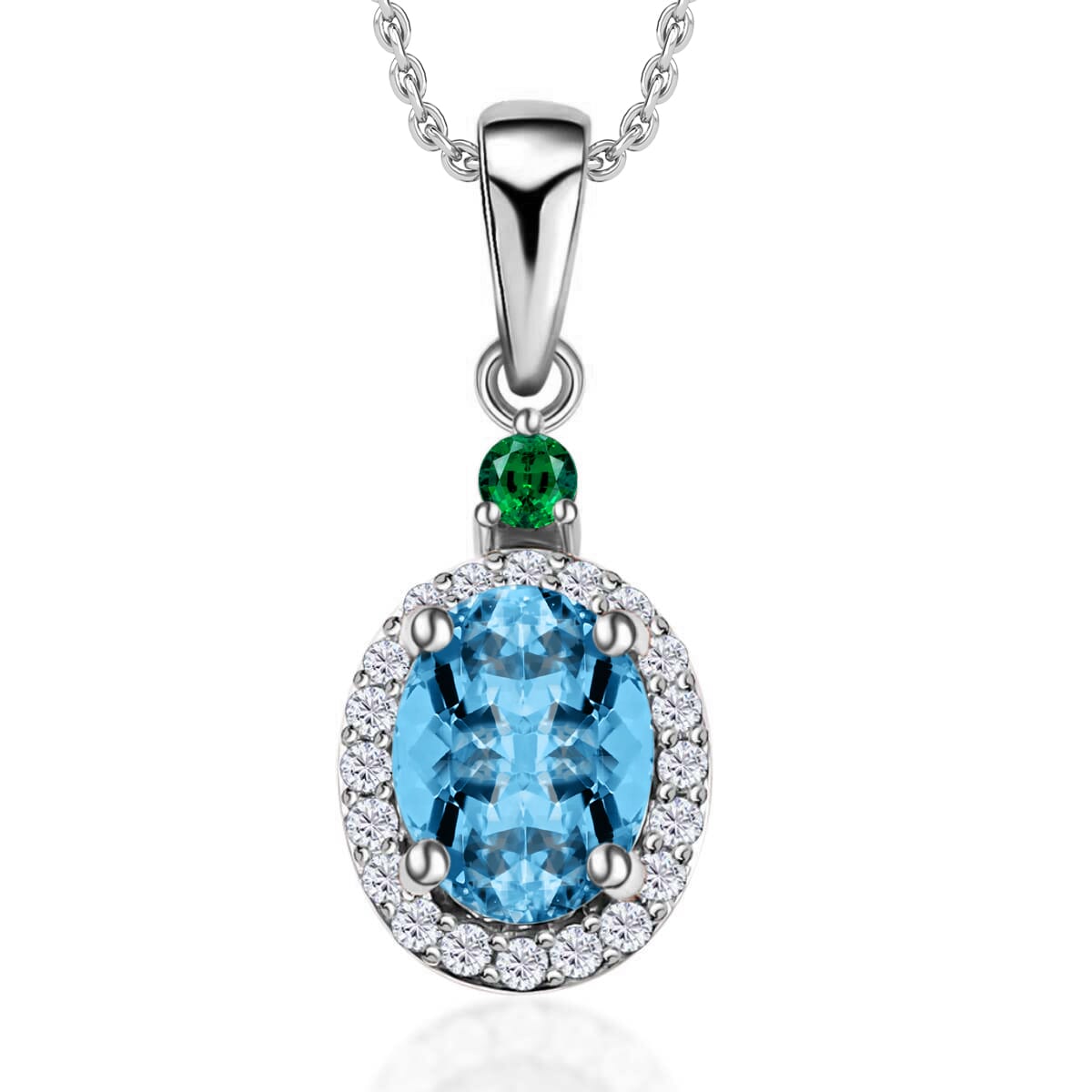 Rhapsody AAA Santa Maria Aquamarine, Boyaca Colombian Emerald and E-F VS Diamond 1.55 ctw Pendant Necklace 20 Inches in 950 Platinum image number 0