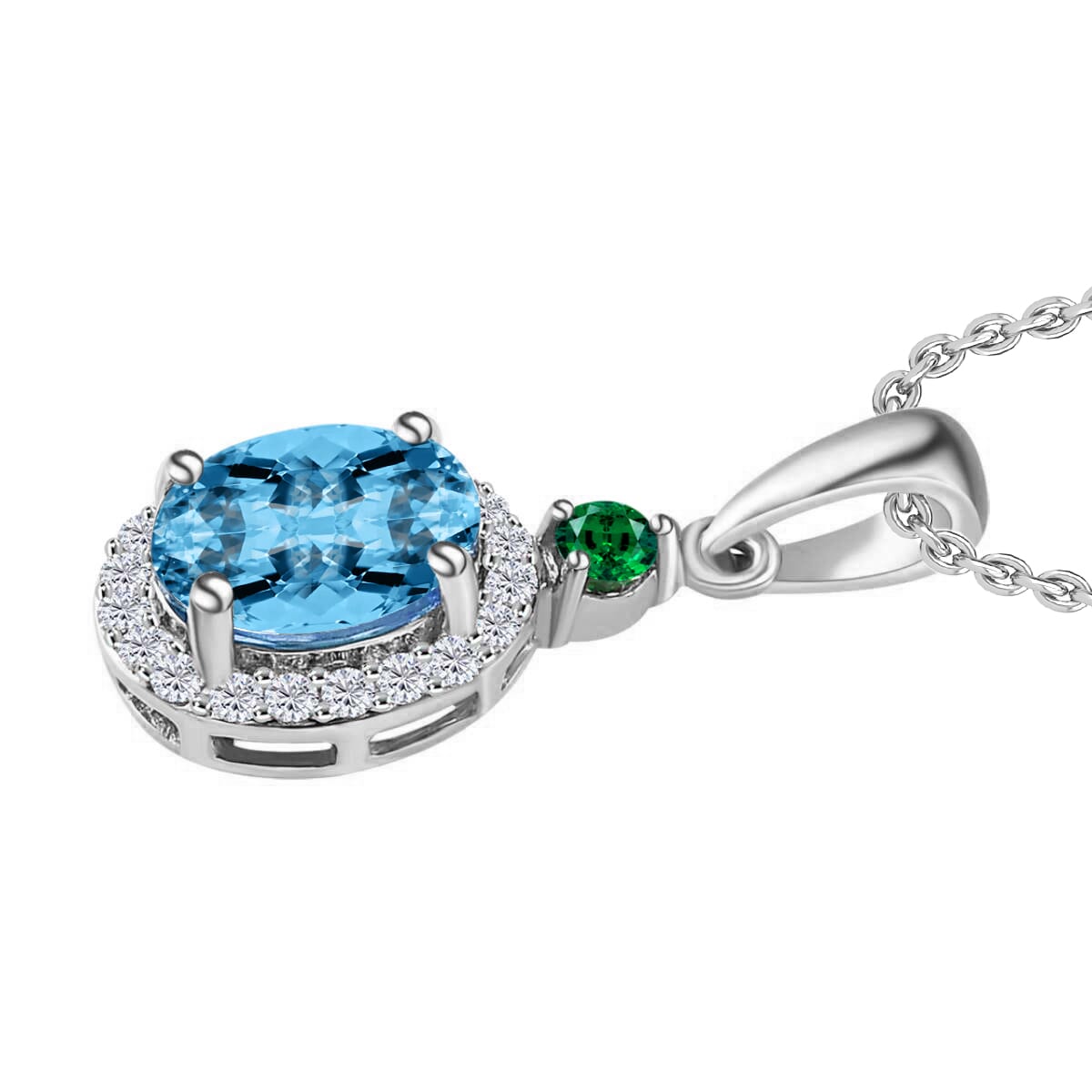 Rhapsody AAA Santa Maria Aquamarine, Boyaca Colombian Emerald and E-F VS Diamond 1.55 ctw Pendant Necklace 20 Inches in 950 Platinum image number 2