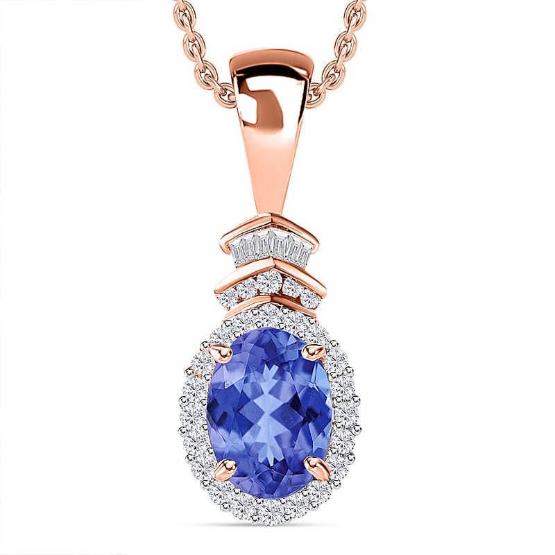 Luxoro Premium Tanzanite and G-H I1 Diamond 1.58 ctw Pendant Necklace 20 Inches in 14K Rose Gold
