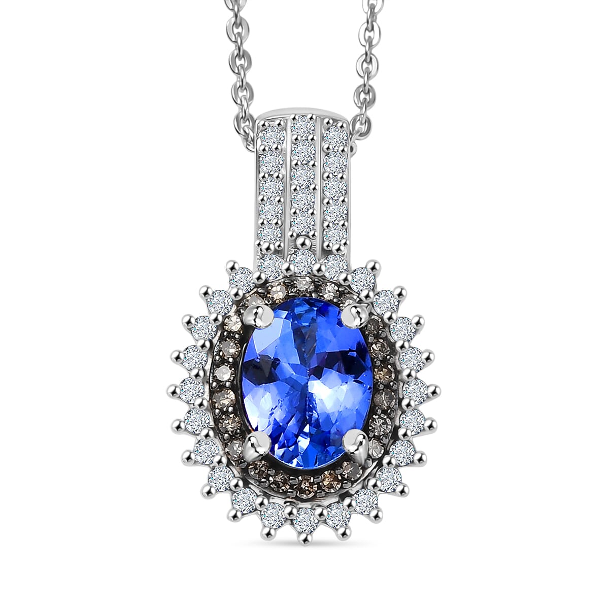 D'Joy Premium Tanzanite, Natural Champagne and White Diamond 1.80 ctw Sunburst Pendant Necklace 20 Inches in Rhodium Over Sterling Silver  image number 0