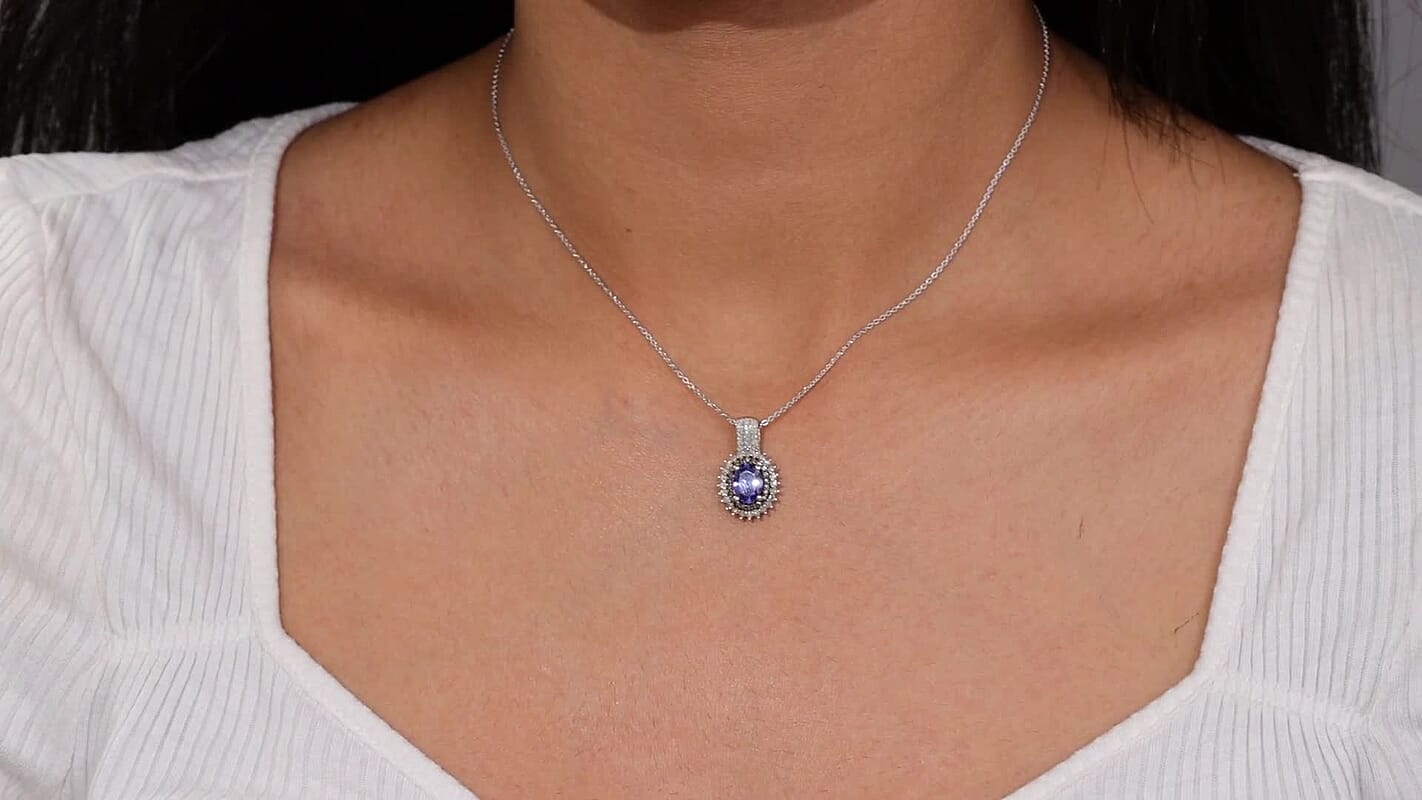 D'Joy Premium Tanzanite, Natural Champagne and White Diamond 1.80 ctw Sunburst Pendant Necklace 20 Inches in Rhodium Over Sterling Silver