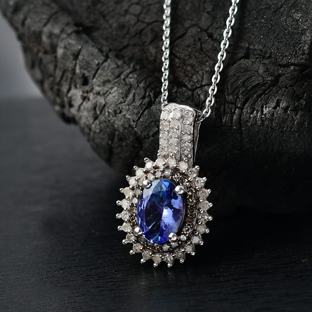 D'Joy Premium Tanzanite, Natural Champagne and White Diamond 1.80 ctw Sunburst Pendant Necklace 20 Inches in Rhodium Over Sterling Silver  image number 1