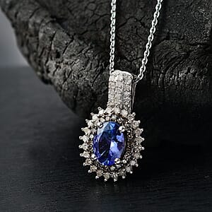 D'Joy Premium Tanzanite, Natural Champagne and White Diamond 1.80 ctw Sunburst Pendant Necklace 20 Inches in Rhodium Over Sterling Silver 