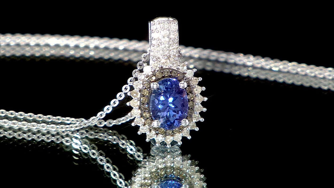 D'Joy Premium Tanzanite, Natural Champagne and White Diamond 1.80 ctw Sunburst Pendant Necklace 20 Inches in Rhodium Over Sterling Silver