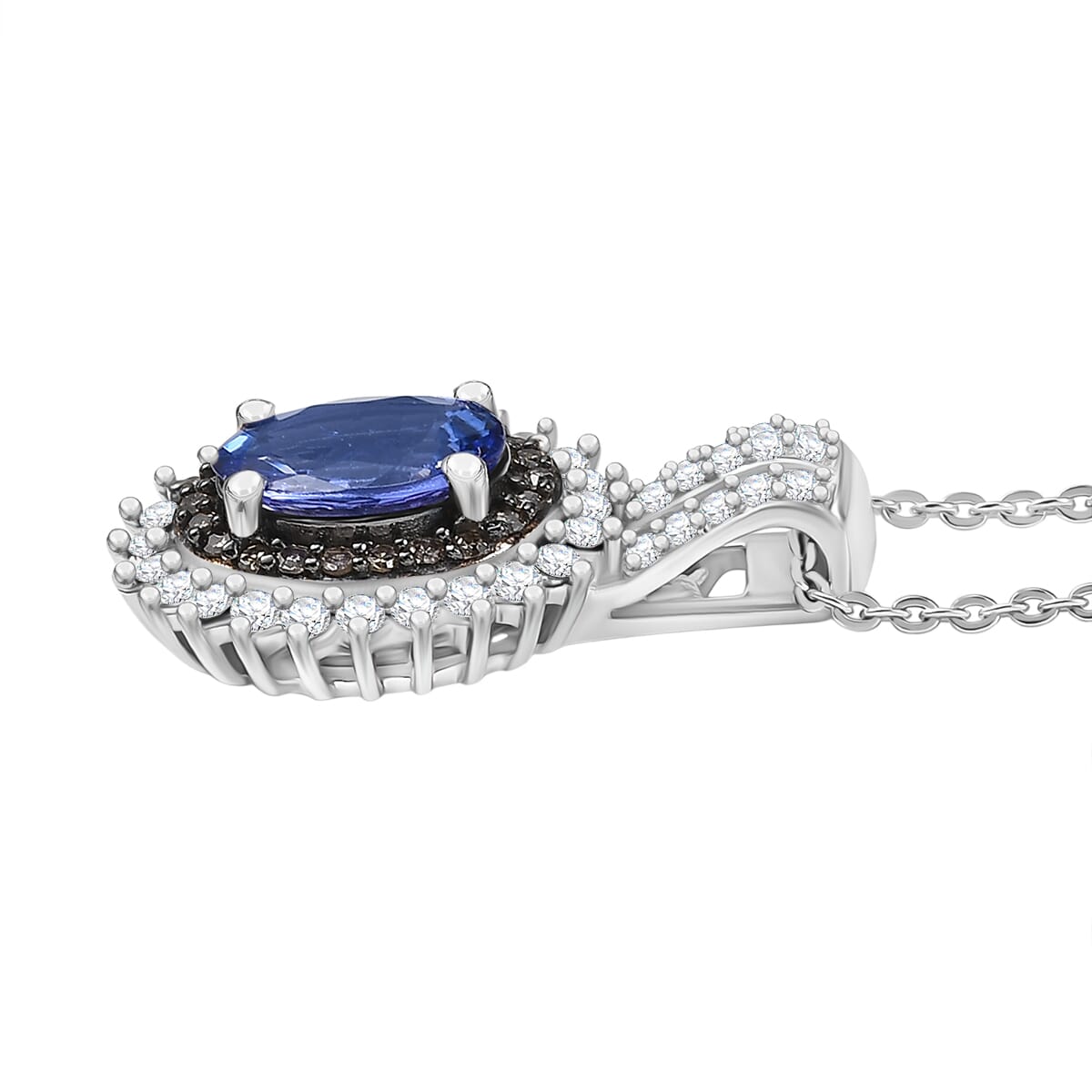 D'Joy Premium Tanzanite, Natural Champagne and White Diamond 1.80 ctw Sunburst Pendant Necklace 20 Inches in Rhodium Over Sterling Silver  image number 3