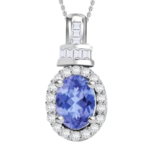 Tanzanite and Diamond 1.00 ctw Pendant Necklace 20 Inches in Rhodium Over Sterling Silver