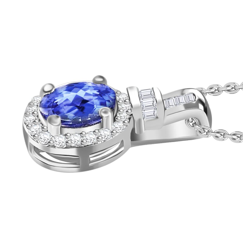 D'Joy Tanzanite and Diamond 0.90 ctw Pendant Necklace 20 Inches in Rhodium Over Sterling Silver