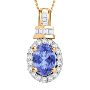 Tanzanite and Diamond 1.00 ctw Pendant Necklace 20 Inches in 18K Vermeil Yellow Gold Over Sterling Silver