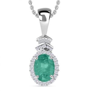 Luxoro Premium Kagem Zambian Emerald and G-H I1 Diamond 1.43 ctw Pendant Necklace 20 Inches in 14K White Gold