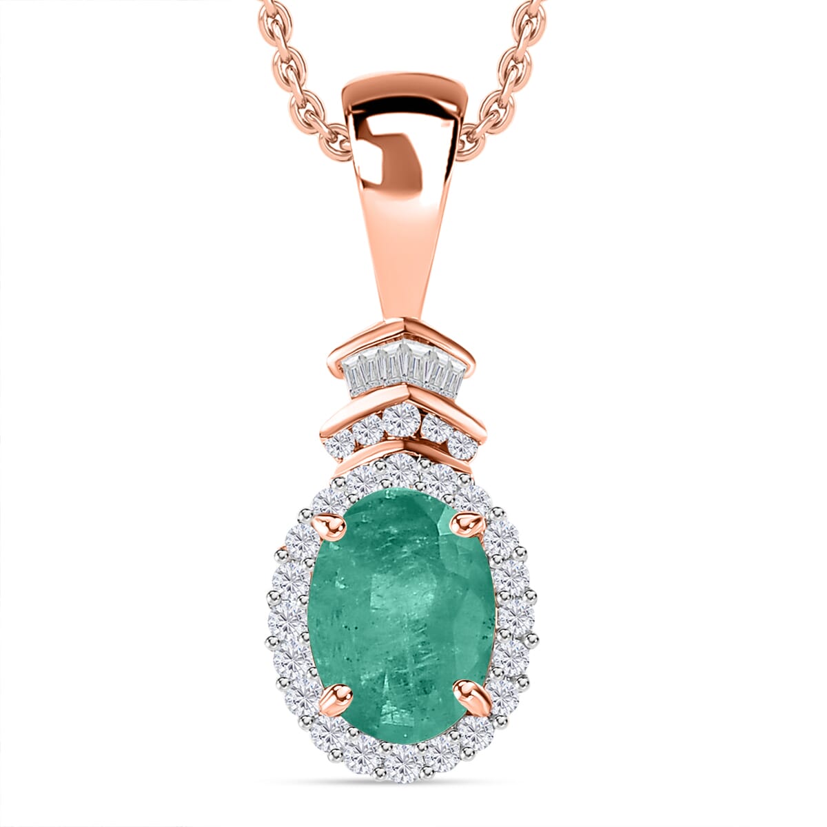 Luxoro Premium Kagem Zambian Emerald and G-H I1 Diamond 1.43 ctw Pendant Necklace 20 Inches in 14K Rose Gold image number 0