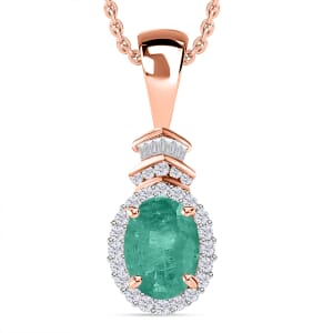 Luxoro Premium Kagem Zambian Emerald and G-H I1 Diamond 1.43 ctw Pendant Necklace 20 Inches in 14K Rose Gold