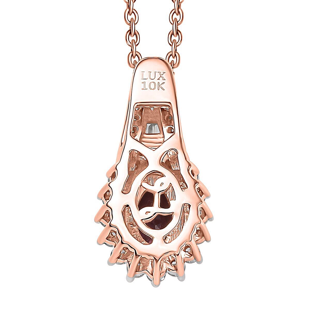 Luxoro AAA Narsipatnam Purple Spinel and G-H I2 Diamond 1.25 ctw Sunburst Pendant Necklace in 10K Rose Gold 20 Inches