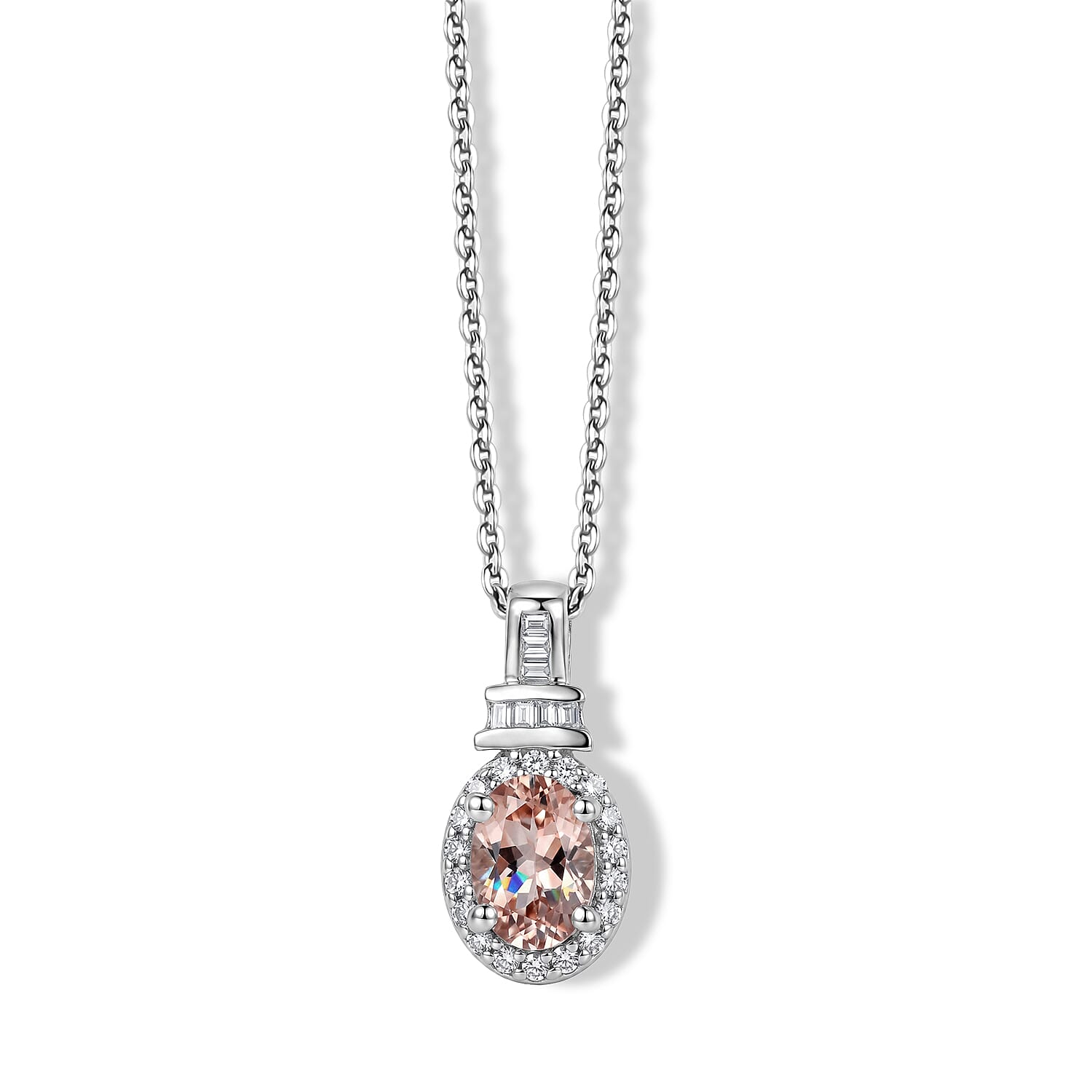 Premium Marropino Morganite and Diamond 1.00 ctw Pendant Necklace 20 Inches in Rhodium Over Sterling Silver