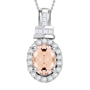 Premium Marropino Morganite and Diamond 1.00 ctw Pendant Necklace 20 Inches in Rhodium Over Sterling Silver