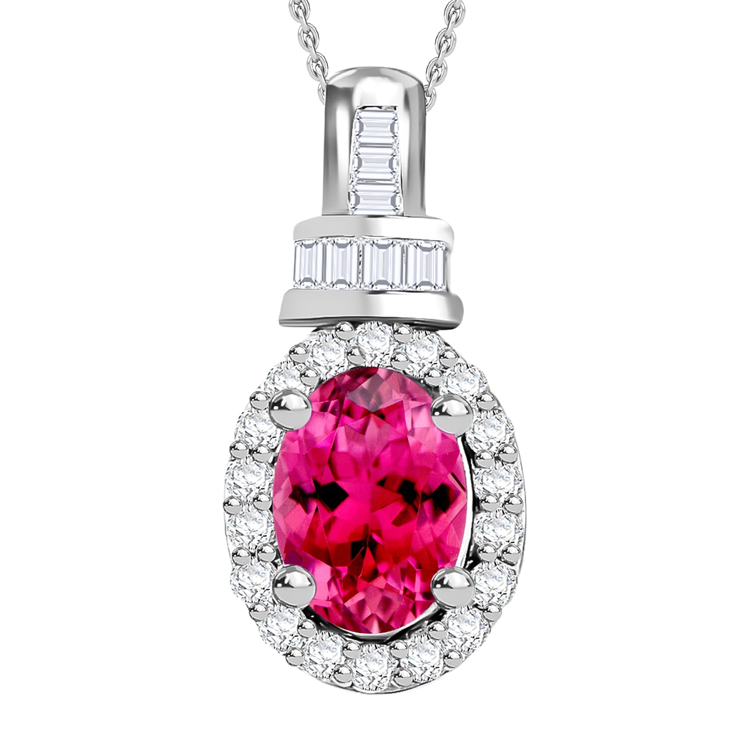 Ouro Fino Rubellite and Diamond 1.00 ctw Pendant Necklace 20 Inches in Rhodium Over Sterling Silver