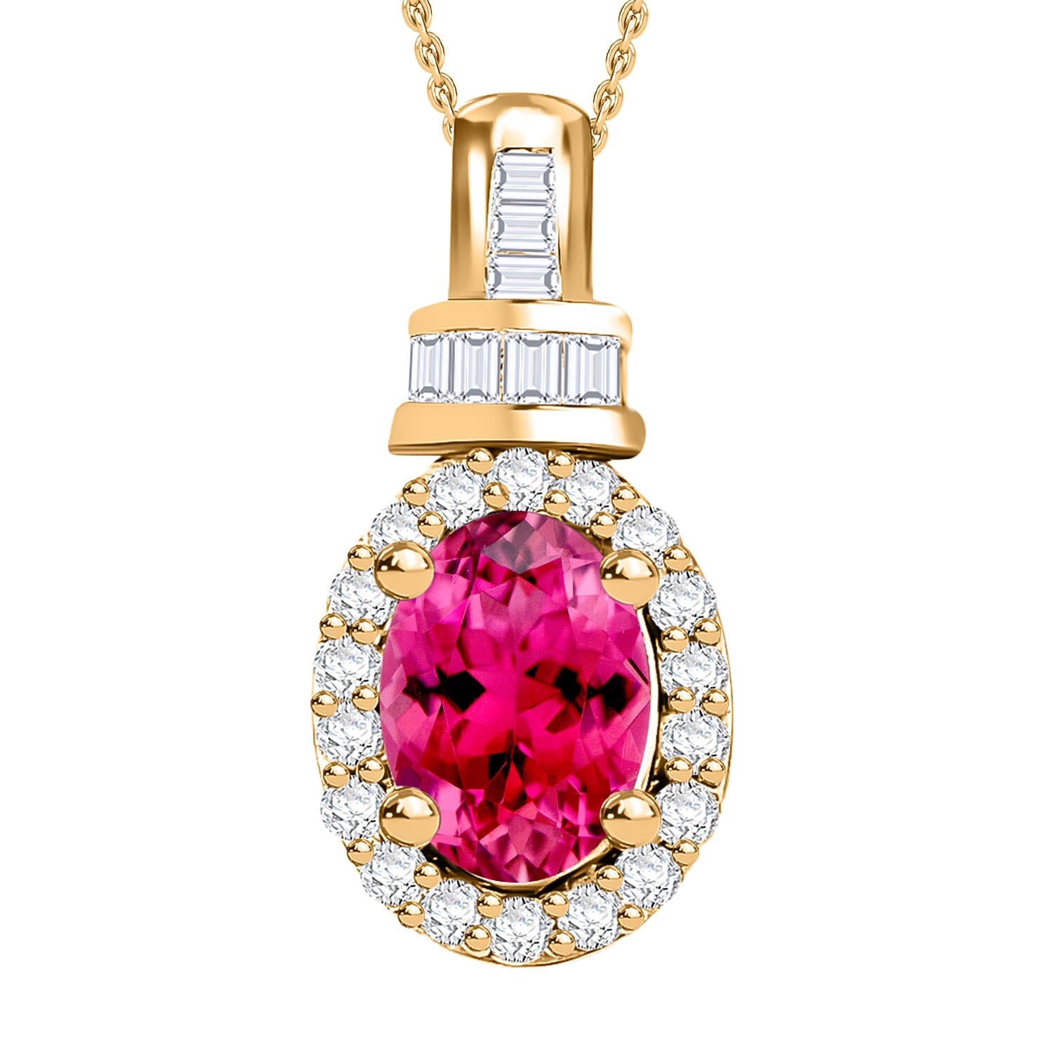 Ouro Fino Rubellite and Diamond 1.00 ctw Pendant Necklace 20 Inches in 18K Vermeil Yellow Gold Over Sterling Silver