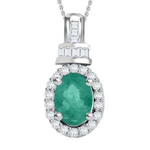 Kagem Zambian Emerald and Diamond 1.00 ctw Pendant Necklace 20 Inches in Rhodium Over Sterling Silver
