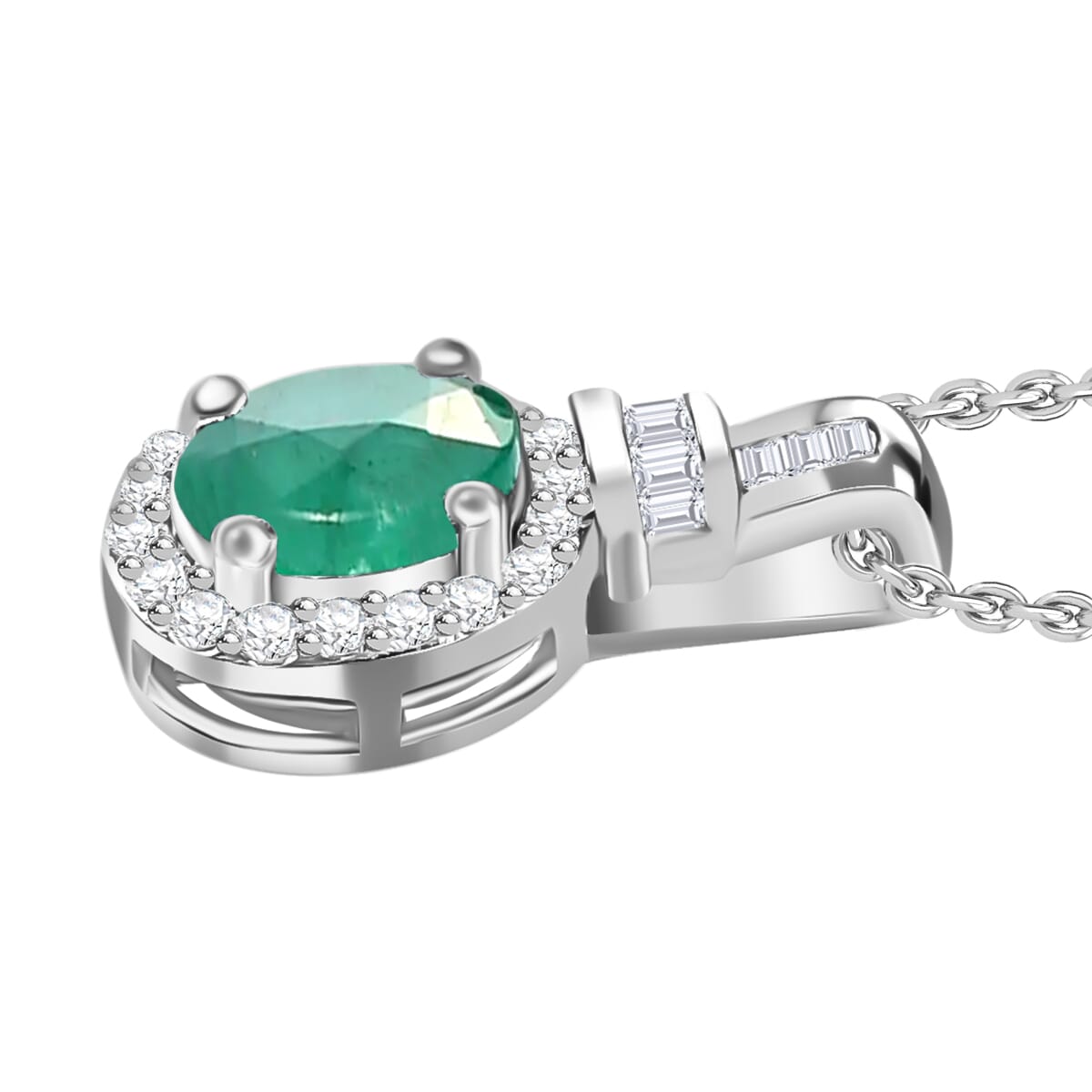 Kagem Zambian Emerald and Diamond 1.00 ctw Pendant Necklace 20 Inches in Rhodium Over Sterling Silver image number 2