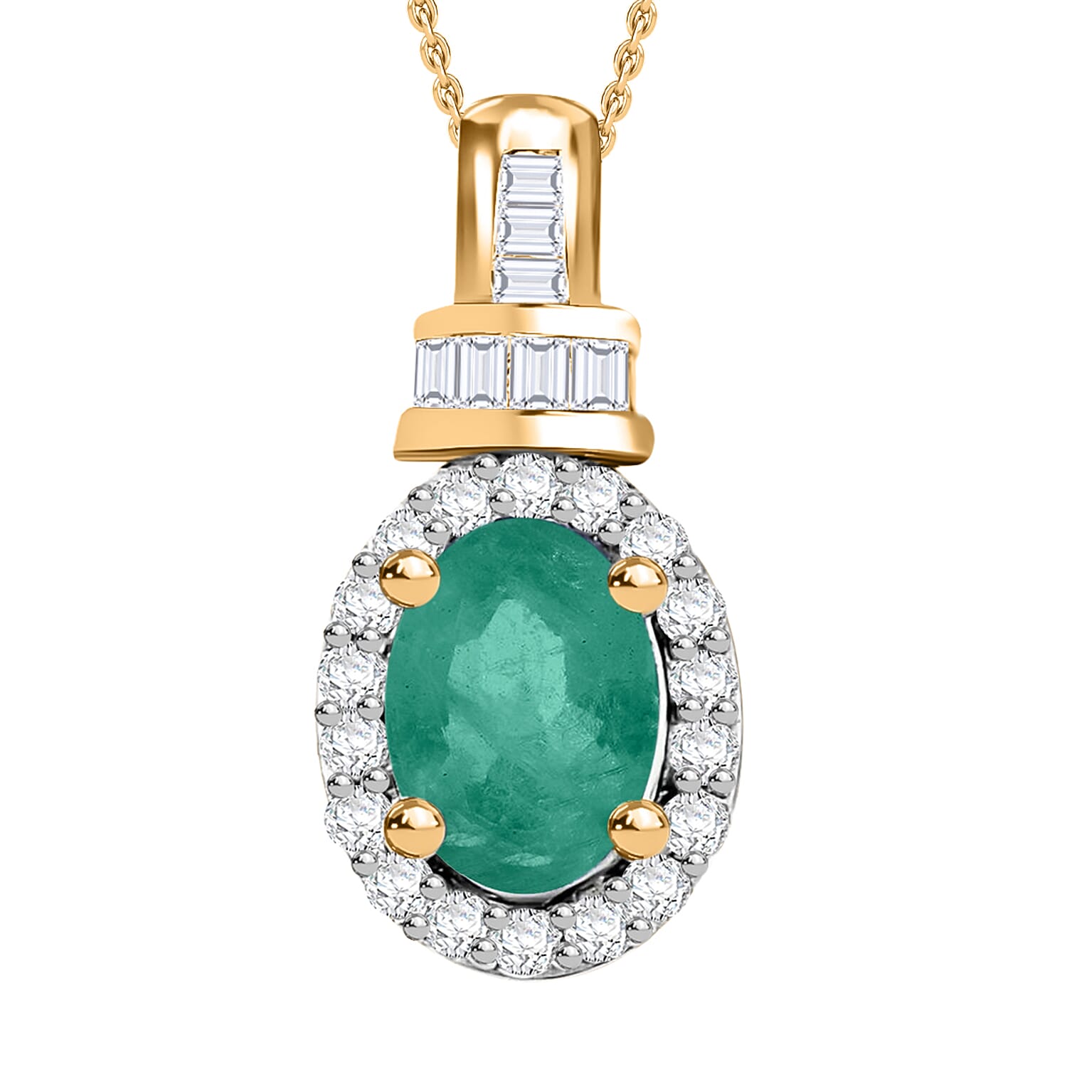 D'Joy Kagem Zambian Emerald and Diamond 1.00 ctw Pendant Necklace 20 Inches in 18K Vermeil Yellow Gold Over Sterling Silver