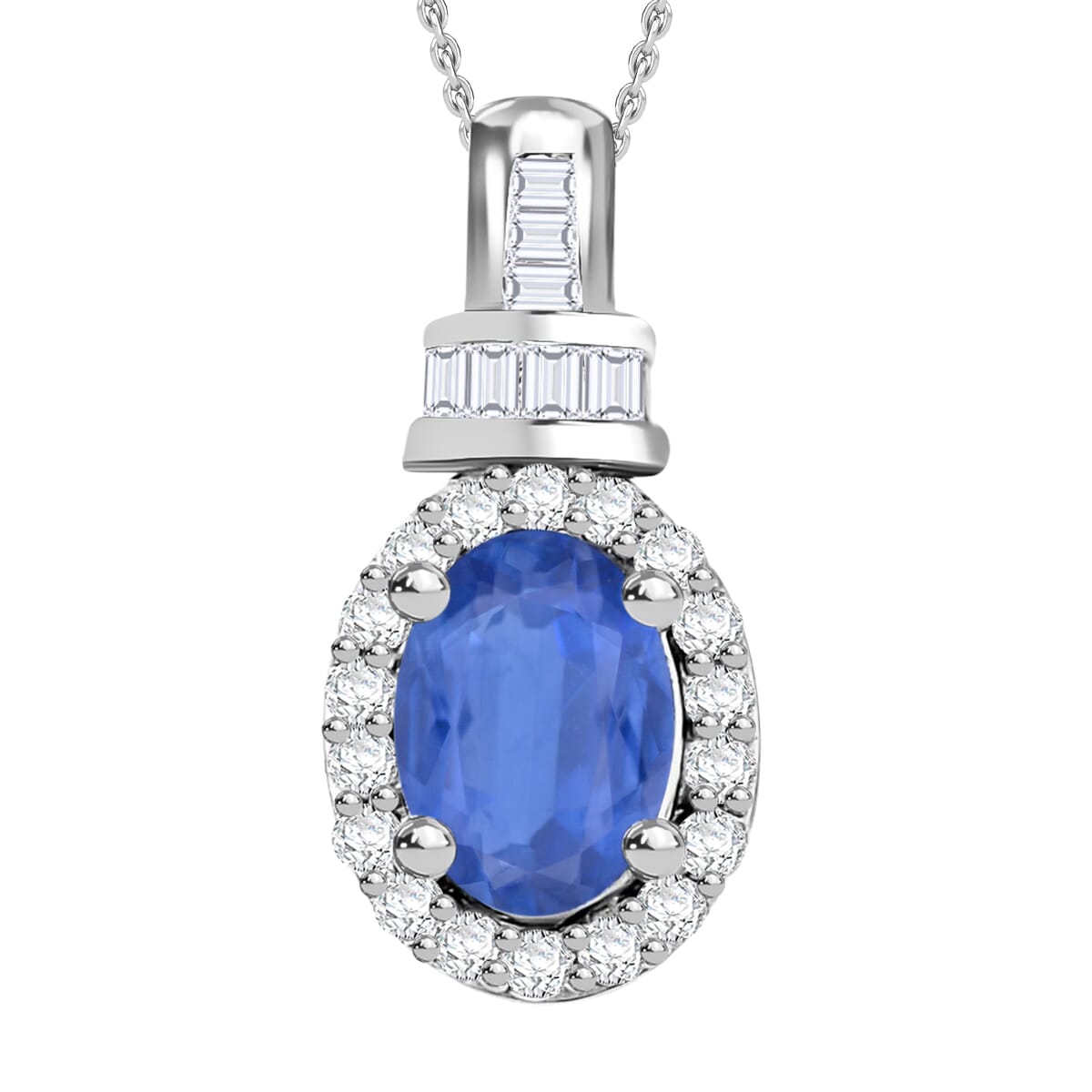 Kanchanaburi Blue Sapphire and Diamond 1.15 ctw Pendant Necklace 20 Inches in Rhodium Over Sterling Silver image number 0