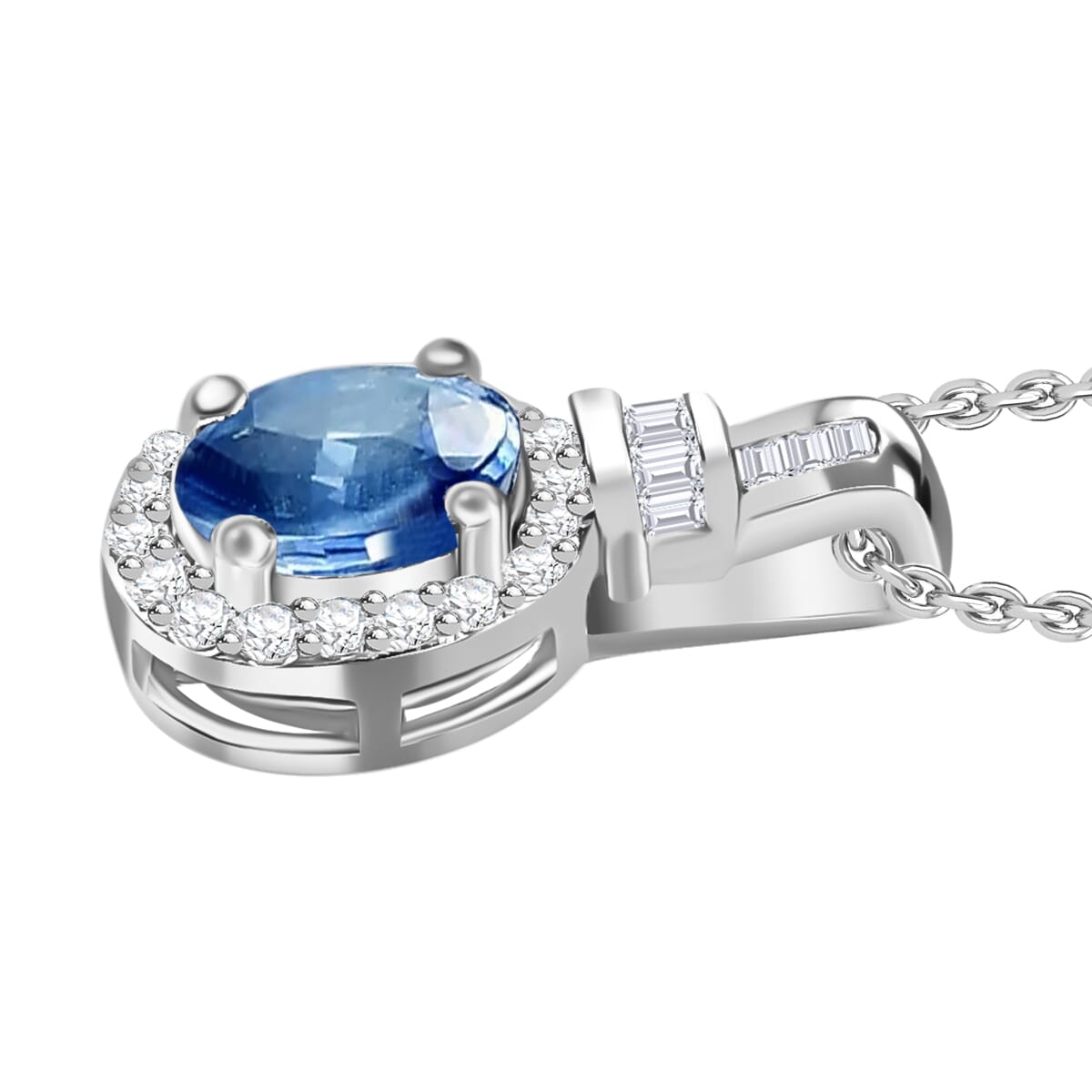 Kanchanaburi Blue Sapphire and Diamond 1.15 ctw Pendant Necklace 20 Inches in Rhodium Over Sterling Silver image number 2