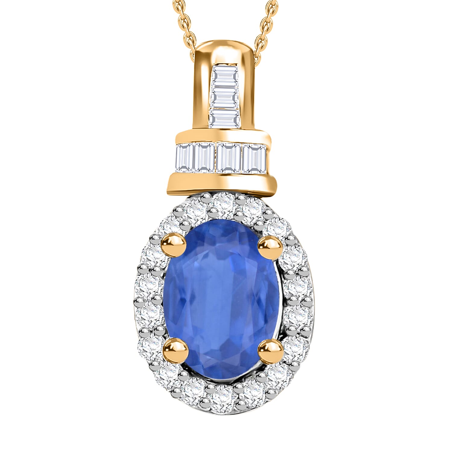 Kanchanaburi Blue Sapphire and Diamond 1.15 ctw Pendant Necklace 20 Inches in 18K Vermeil Yellow Gold Over Sterling Silver